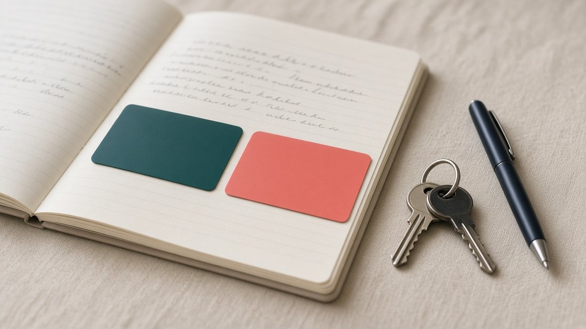 Dois cartões de cores diferentes sobre caderno aberto com anotações, ao lado de uma caneta
